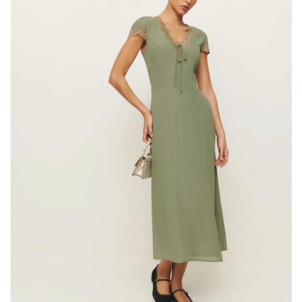 NWT Reformation Tiffie Midi Dress Sz2 Artichoke Green Gold Lace - Picture 3 of 11